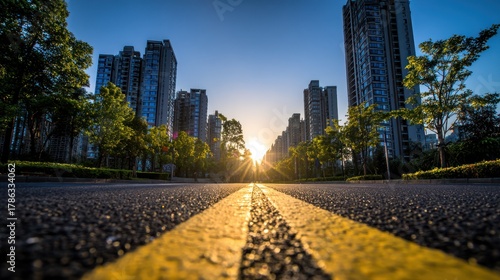 Road leading toward sunlit apartment buildings through trees.