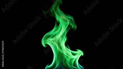 Vibrant green flame rises vertically against a stark black background