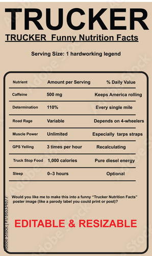 Funny Trucker Nutrition Facts Label - A Humorous Take on Truck Driving Life