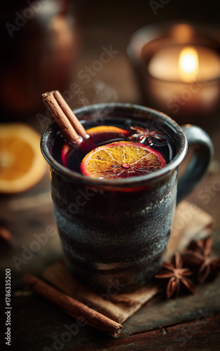 Cozy winter drink mulled wine with cinnamon stick and orange slices creating a festive holiday atmosphere — perfect for seasonal food photography, Christmas menus, or lifestyle visuals
