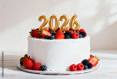 A white frosted cake topped with fresh berries and golden candles reading '2026'. The cake is round and placed on a wooden surface.