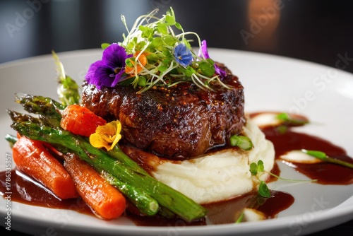 Gourmet steak with vegetables mashed potatoes and edible flowers garnish
