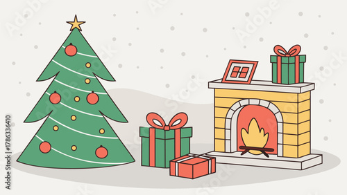 Flat lay of gold Christmas decorations, including bells, baubles, gift boxes, ribbons, and confetti on a white marble background with soft lighting