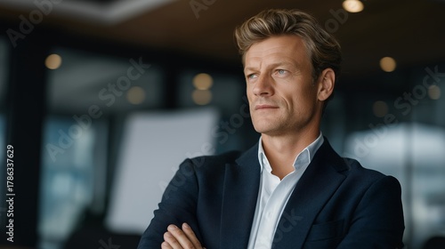 Business director standing before a tense boardroom during a financial crisis presentation — concept of executive leadership under pressure, strategic resilience, and emotional stability in