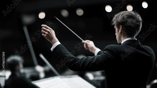 Wide-angle view of human conductor gesturing toward AI-generated holographic instruments while orchestra responds — representing cutting-edge music production, technology-enhanced creativity, and