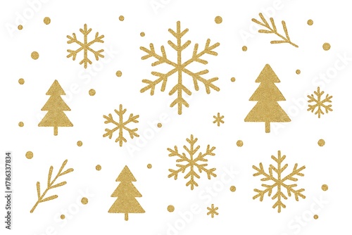 Golden christmas tree and snowflake pattern with glitter accents