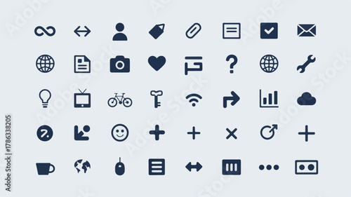 Collection of minimalist dark blue icons representing various concepts and objects symbols infinity