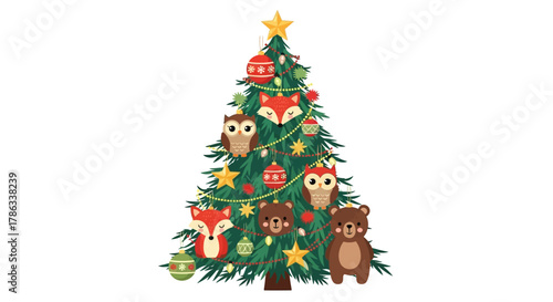 Adorable woodland creatures adorn a festive Christmas tree with charming ornaments and twinkling lights, bringing holiday cheer and whimsical design to any festive project.