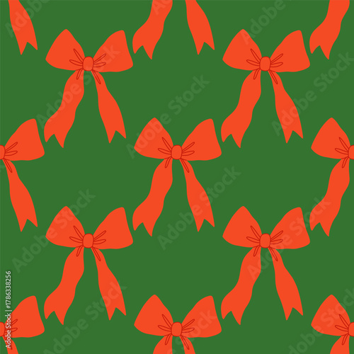 Vector seamless pattern with with red bows. Hand drawn Christmas decoration, holiday repeated  background