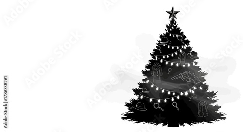 Mysterious Christmas tree silhouette adorned with vintage detective clues like hats, trench coats, magnifying glasses, and a revolver, perfect for crime or holiday themes.