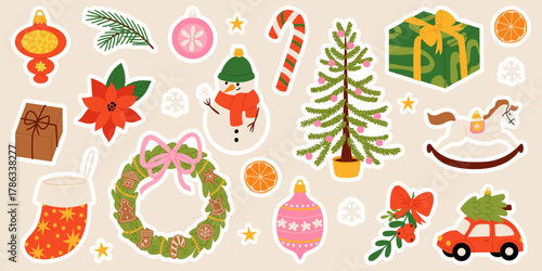 Vector hand drawn Christmas sticker pack. Holiday elements - gift box, snowman, Christmas tree, tree ornaments, wreath. Christmas design elements