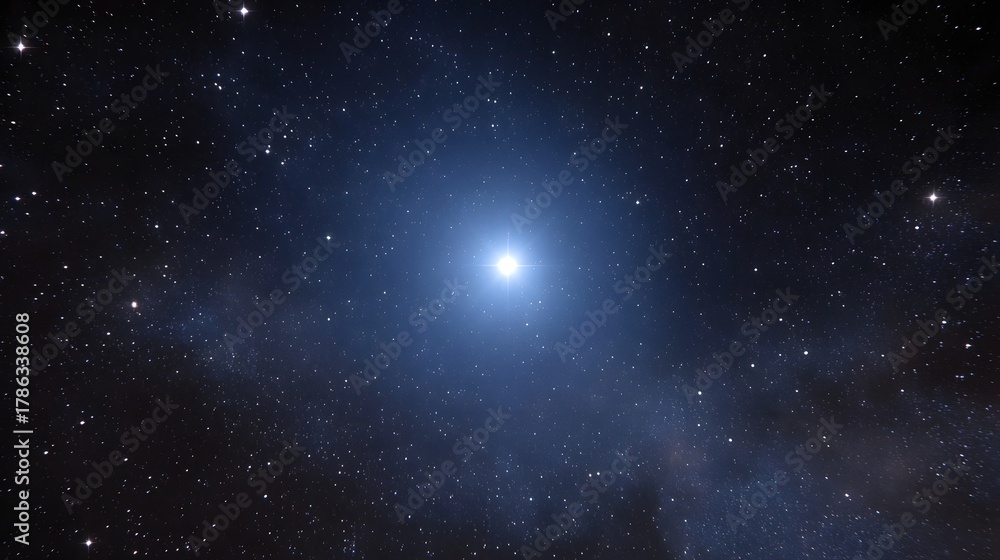 Obraz premium A brilliant blue star shines intensely in the vast dark expanse of the cosmos surrounded by distant galaxies and cosmic dust