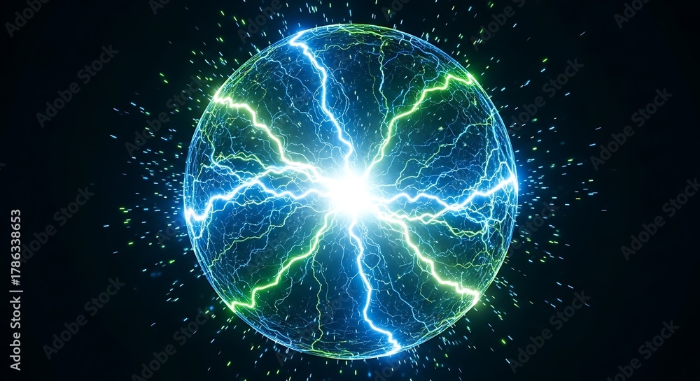 Obraz premium Vibrant blue green electric plasma sphere with lightning bolts