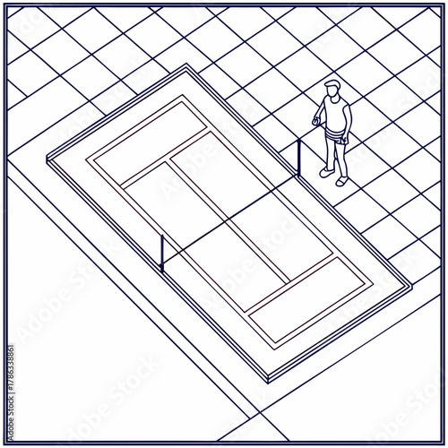 Isometric illustration of a tennis court with a person and grid background vector