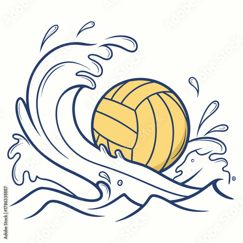 Yellow Water Polo Ball Riding a Blue Wave Illustration sport game