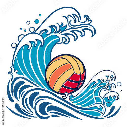 Stylized water waves with a colorful volleyball illustration sport game
