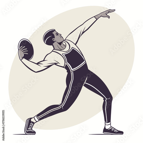 Discus thrower in action with a neutral background and circular element Keywords: discus