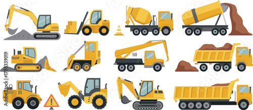 Construction vehicles, excavator, bulldozer, dump truck, cement mixer, forklift, road roller, crane, loader, cartoon style, children, illustration, yellow, industrial, machinery, equipment, site,