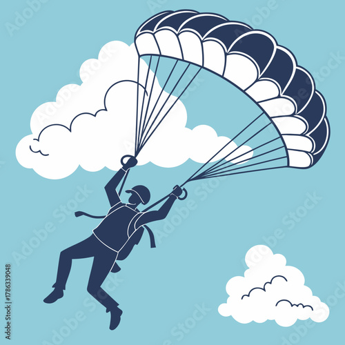 Dark Blue Silhouette of Skydiver Descending with Parachute skydiving extreme sport