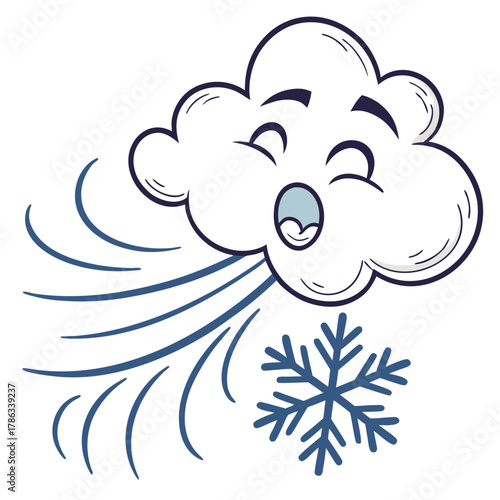Happy cartoon cloud blowing a snowflake with wind vector illustration