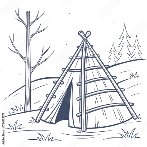 Sketch of a Wigwam Tent in a Forested Winter Landscape teepee shelter