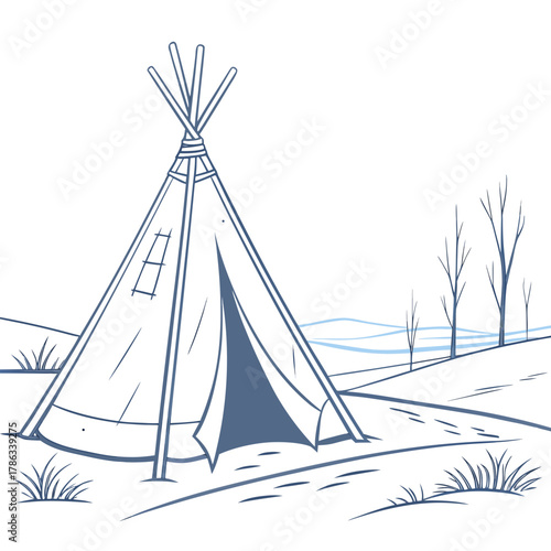 Outline Drawing of a Wigwam Tent in a Winter Landscape teepee shelter