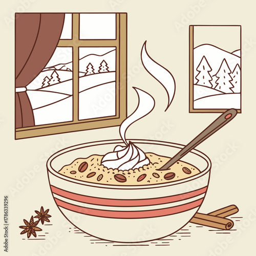 Cozy Winter Breakfast Bowl with Steaming Porridge and Whipped Cream oatmeal cereal