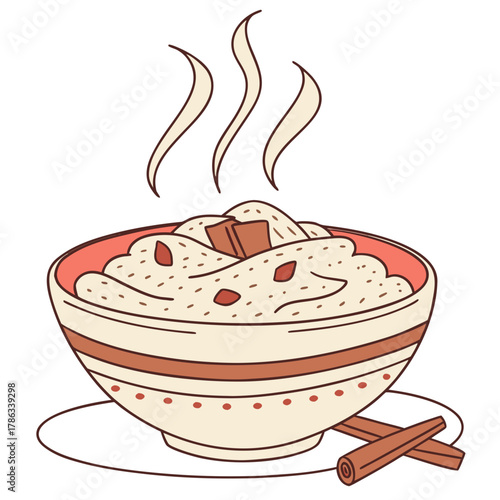 Bowl of hot porridge with cinnamon sticks and chocolate oatmeal breakfast