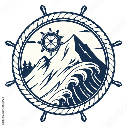 Nautical Emblem with Ship Wheel Mountains and Ocean Waves Keywords: nautical, emblem, ship wheel
