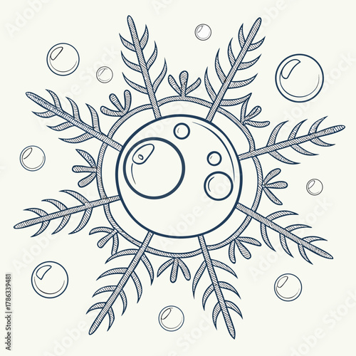 Snowflake Design with Bubbles and Pine Needles in Outline Style winter cold