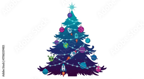 Whimsical space-themed Christmas tree sparkles with rockets, planets, and playful aliens, offering a unique holiday celebration idea