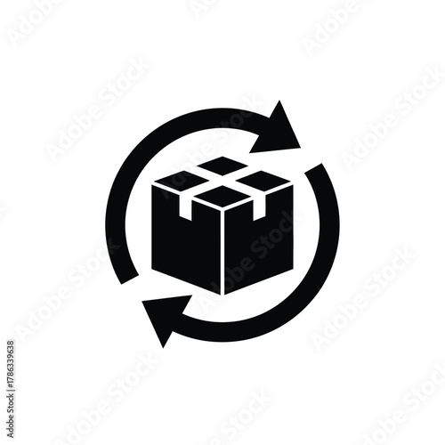 Black icon of a box with circular arrows package delivery