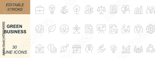 Green business line icon set. Featuring eco, nature, leaf, plant, profit, finance, sustainability, recycle, energy, and innovation. Perfect for corporate, eco, and growth design. Editable stroke.