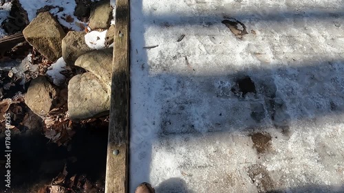 crossing an icy bridge on snowy and icy trail in park on sunny January day	