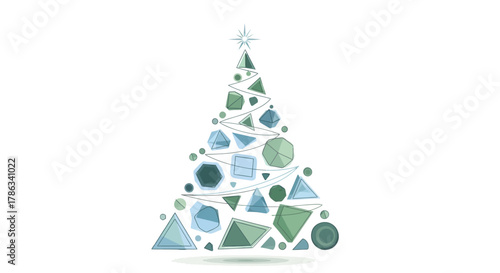 Modern geometric Christmas tree design with abstract shapes and a radiant star topper, perfect for festive holiday greetings and decor