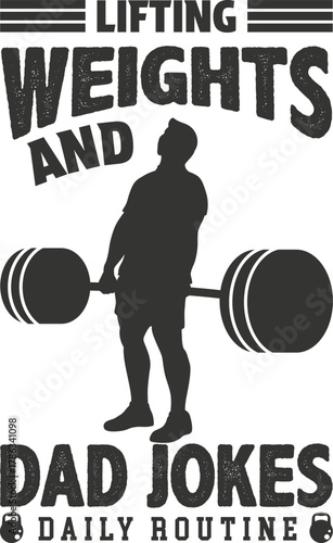 Silhouette of a man lifting weights with text about dad jokes isolated on white background
