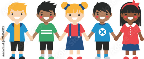 Cartoon children holding hands, diverse group illustration, multicultural unity, happy kids, flat vector, colorful design, friendship concept, inclusive art, cad drawing