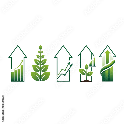 Green business growth concept with plants and upward trending graphs isolated on transparent background