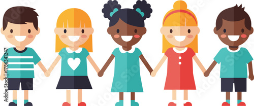 Diverse children cartoon, happy kids holding hands, multicultural friendship, unity illustration, flat vector, playful group, smiling faces, colorful outfits