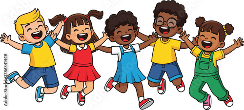 Cartoon children jumping together, diverse kids smiling, colorful outfits, unity and joy, flat vector, playful group, cad drawing illustration