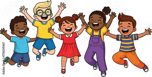 Cartoon children jumping together, diverse kids smiling, colorful outfits, joyful expressions, unity and play, flat vector, cad drawing illustration