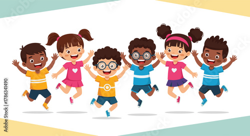 Cartoon children jumping together, diverse kids smiling, colorful outfits, joyful expressions, unity and play, flat vector, cad drawing illustration