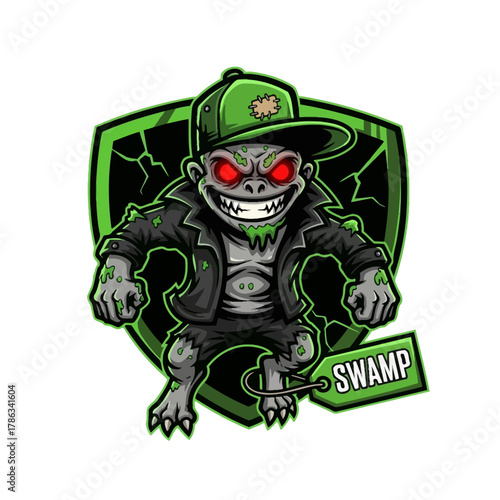 Personnage de monstre de marais effrayant avec des yeux rouges et un chapeau.