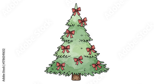 Charming watercolor Christmas tree adorned with festive red bows, perfect for holiday greetings and winter celebrations