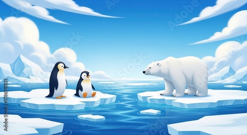 Polar bear and two penguins on ice floes in a polar landscape with blue sky and clouds