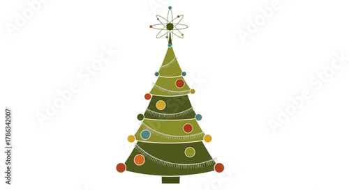 Retro atomic star topper adorns a festive mid century modern Christmas tree with vibrant, colorful ornaments and garland, evoking nostalgic holiday cheer.