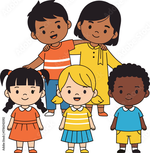 Diverse children cartoon, smiling kids group, multicultural friendship, happy childhood illustration, inclusive character design, flat vector, colorful drawing, playful pose