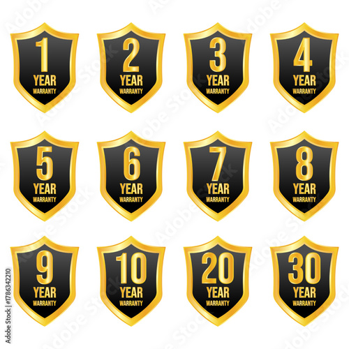 Warranty gold shield logo set of 1, 2, 3, 4, 5 to 30 years. vector label.