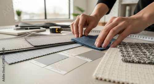 Designer carefully selecting fabric swatches for an interior design project, showcasing creativity and attention to detail.
