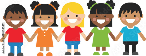 Diverse children holding hands, cartoon kids illustration, multicultural friendship, unity concept, happy childhood, flat vector, colorful design, inclusive art